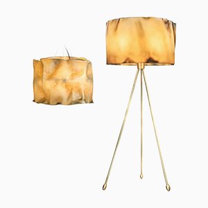 Floor Lamp and Suspension Lamp in Resin Finished in Aged Natural, Set of 2