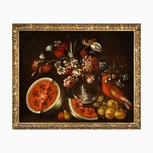 Giuseppe Pesci, Still Life with Fruit, Flowers and a Parrot, Oil on Canvas