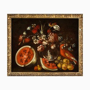 Giuseppe Pesci, Stillleben mit Früchten, Blumen und einem Papagei, Öl auf Leinwand