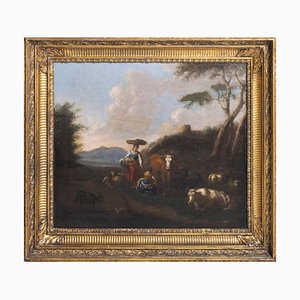 Artista della British School, Paesaggio con figure e animali, XIX secolo, Olio su tela, Con cornice