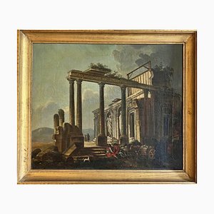French School Artist, Ancient Ruins and Figures, 18th Century, Oil on Canvas, Framed