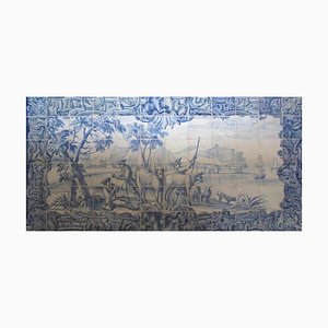 Antike portugiesische Azulejos Fliesenplatte mit Landschaftsszene, 1750, 72 Set