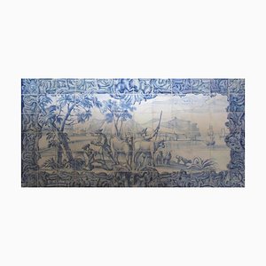 Antique Portuguese Azulejos Tiles Panel with Contryside Scene, 1750, Set of 72