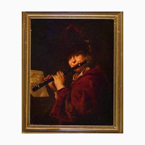 Artista escolar alemán, Retrato de flautista militar, siglo XIX, óleo sobre lienzo, Enmarcado
