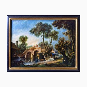 Artista di scuola francese, Paesaggio con figure, Olio su tela, XIX secolo, Con cornice