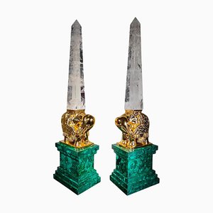 Monumental Malachite Obelisks in Malachite Quartz and Gilt Bronze, 1950, Set of 2