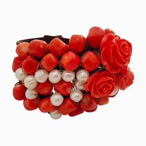 Vintage Bracelet in Carved Red Coral and Pearl Beads, 1970