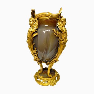 Französische Vase aus Vergoldeter Bronze & Agathe, 19. Jh.
