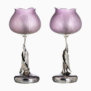 Italian Art Nouveau Silver and Glass Lamps, 20th Century, Set of 2