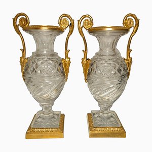 Russische Vasen aus Bronze & geschliffenem Kristallglas, 19. Jh., 2er Set