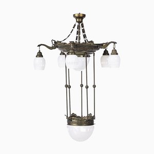 Lámpara de techo francesa modernista de seis luces de bronce, siglo XIX