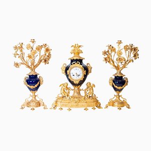 Französisches Uhrenset aus Vergoldeter Bronze & Sèvres Porzellan, 19. Jh., 3er Set