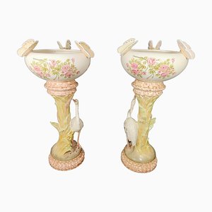 Grandes Colonnes avec Pots de Fleurs Héron et Papillons par Delphin Massier, Set de 2