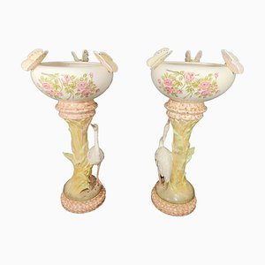 Large Columns with Heron and Papillons Flower Pots by Delphin Massier, Set of 2