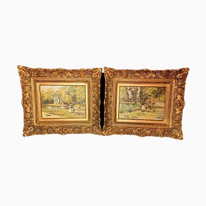 Pointillist Style Landscapes, 20th Century, Oil Paintings, Set of 2