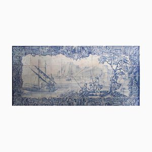Panel de azulejos portugueses del siglo XVIII con escena de río
