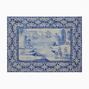 Pannello di piastrelle Azulejos portoghesi del XVIII secolo con scena di campagna