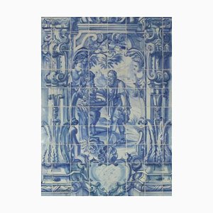 Pannello di piastrelle Azulejos portoghesi del XVIII secolo con scena di campagna