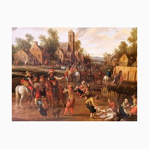 Artista escolar holandés, soldados saqueando una aldea, siglo XVII, óleo sobre tabla