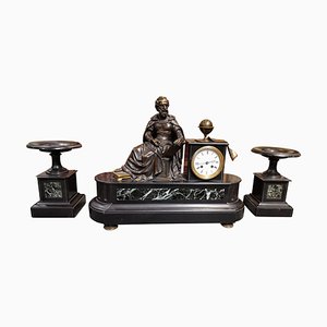 Uhr aus Marmor & Bronze mit Allegorie der Astronomie, die Copernico darstellt, 3 . Set