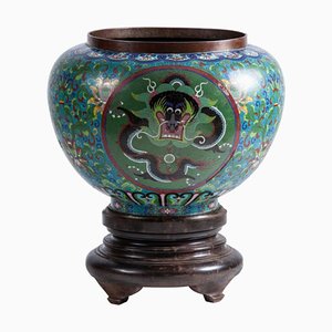 Spherical Cloisonné Planter with Polychrome Floral Motifs and Stand, Set of 2