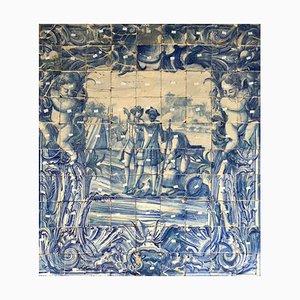Pannello di piastrelle Azulejos portoghesi del XVIII secolo con scena di battaglia