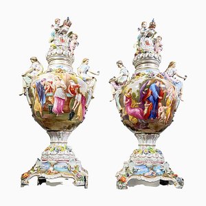 German Porcelain Vases with Lids and Pedestals by Carl Thieme, 1880s