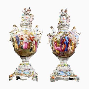 Vases en Porcelaine avec Couvercles et Piédestaux par Carl Thieme, Allemagne, 1880s