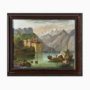 Artista escolar europeo, paisaje fluvial con castillo y barcos, siglo XIX, óleo sobre madera