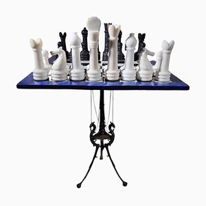Italian Dragon-Shaped Chess Table in Lapis Lazuli and Marble, 1950s, Set of 33
