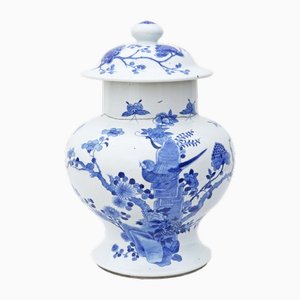 Pot à Gingembre Oriental en Céramique Bleu et Blanc avec Couvercle Chinois