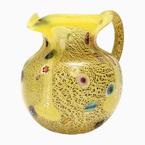 Pichet Postmoderne en Verre Opalin Jaune avec Murrines et Flocons d'Argent, 1980s