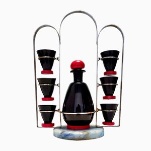 Vintage Black and Red Glass Liqueur Drinking Set by Moretti & Nason for Nasonmoretti, Italy, 1930s, Set of 7