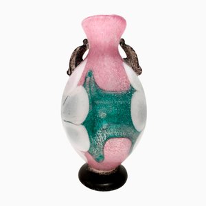 Postmodern Pink, Green and White Hand-Blown Scavo Glass Vase, Murano, Italy, 1970s