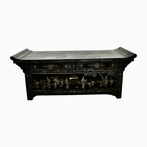 Black Lacquer Chinoiserie Low Cabinet