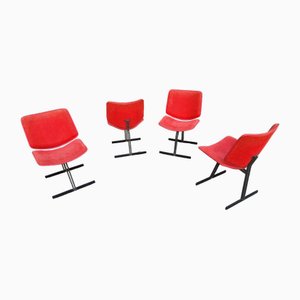 Dining Chairs in Iron and Red Fabric by Giovanni Offredi for Saporiti, 1970s, Set of 4