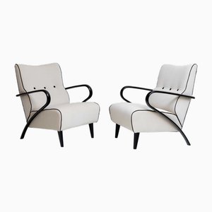 White Lounge Chairs with Black Armrests, Italy, 1950s, Set of 2