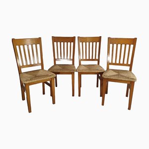 Spanische Vintage Stühle aus Kiefernholz mit Sitz aus Korbgeflecht & Seil, 4 . Set