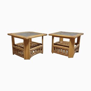 Tables d'Appoint Vintage en Bambou et Verre, Set de 2