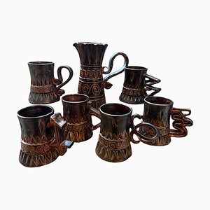 Vallauris Glass and Pitcher Set by Huguette and Marius Bessone, Set of 7