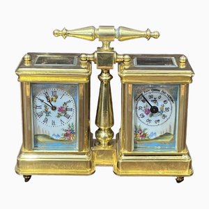 Double Carriage Clock & Barometer with Decorated Porcelain Panels and Key