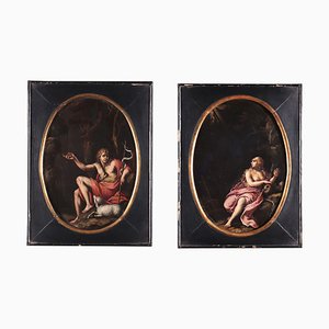 Figurative Scenes, Oil Paintings on Slate, Framed, Set of 2