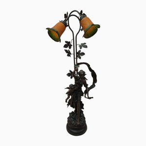 Lampada da tavolo Art Nouveau vintage con statuetta a forma di tulipano, anni '80