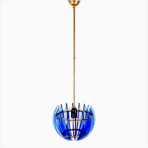 Suspension Mid-Century en Verre Bleu et Laiton attribuée à Galvorame, Italie, 1960s