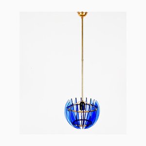 Mid-Century Italian Blue Glass and Brass Pendant attributed to Galvorame, Italy, 1960s