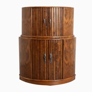 British Art Deco Tambour Door Cocktail Bar in Figured Walnut, 1930s