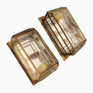 Lámparas de pared españolas vintage rectangulares de latón y cristales. Juego de 2