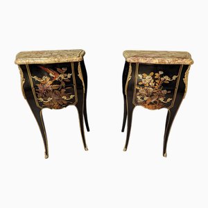Tables de Chevet Style Louis XV en Laque de Chine Noire, Set de 2