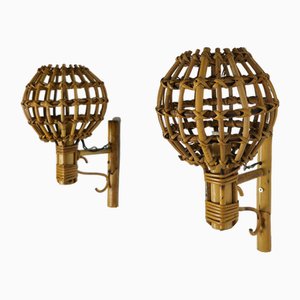 Vintage French Wicker Lamps in Wicker and Bamboo by Louis Dream, 1960s, Set of 4