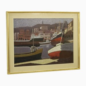 Artista italiano, Paesaggio marino con barche, 1960, Olio su tela, Con cornice